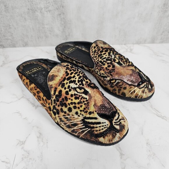Beverly Feldman Leopard Jaguar Print Sequin Embellished Slip-On Mules Size 6.5M - Picture 1 of 13
